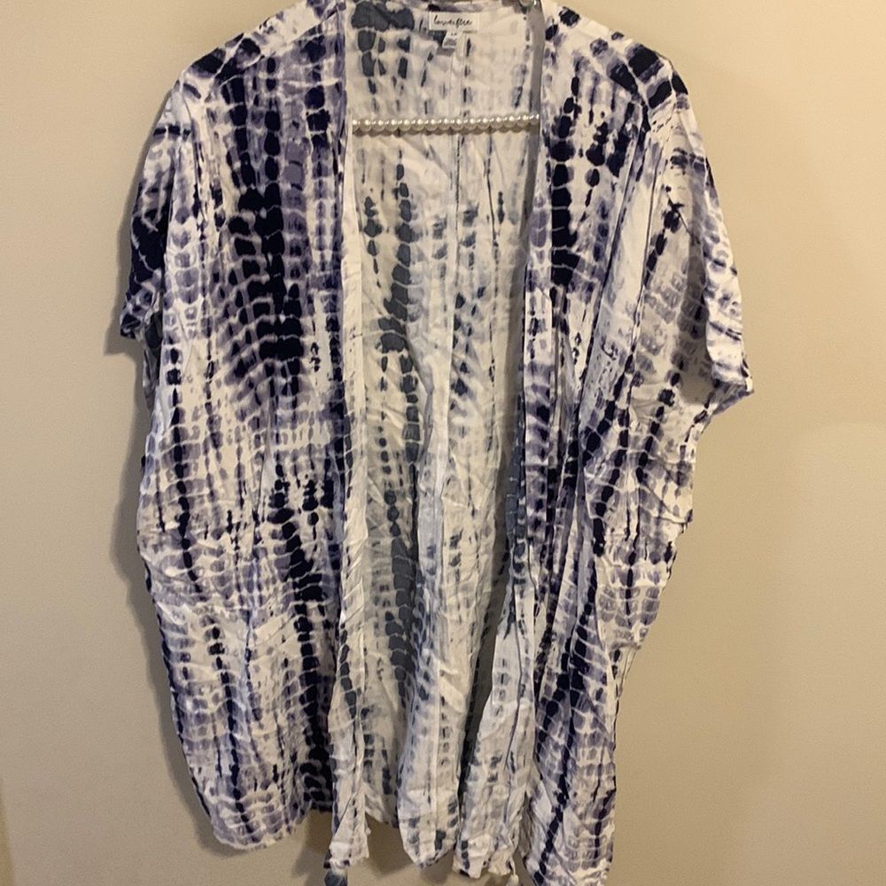 Love Fire Kimono Cardigan S Blue White Shibori Tie Dye Open Front Sheer Rayon